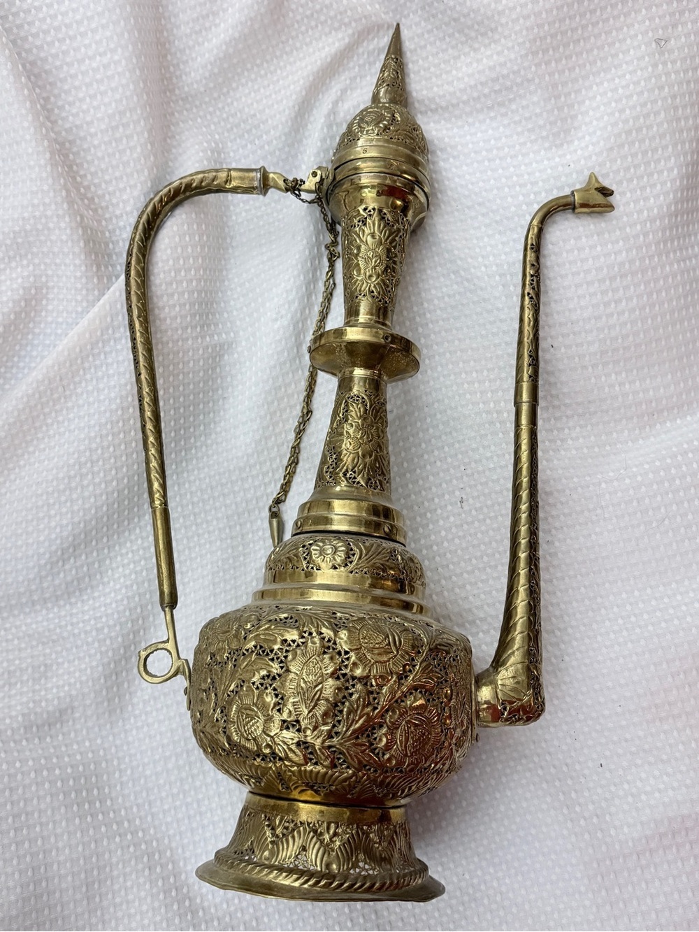 Vintage 27" Brass Aftaba Ewer Pierced Repousse Pitcher Floor Vessel as is